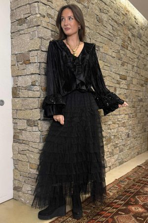 Stevie Stretch Velvet Ruffle Blouse Black /14 =